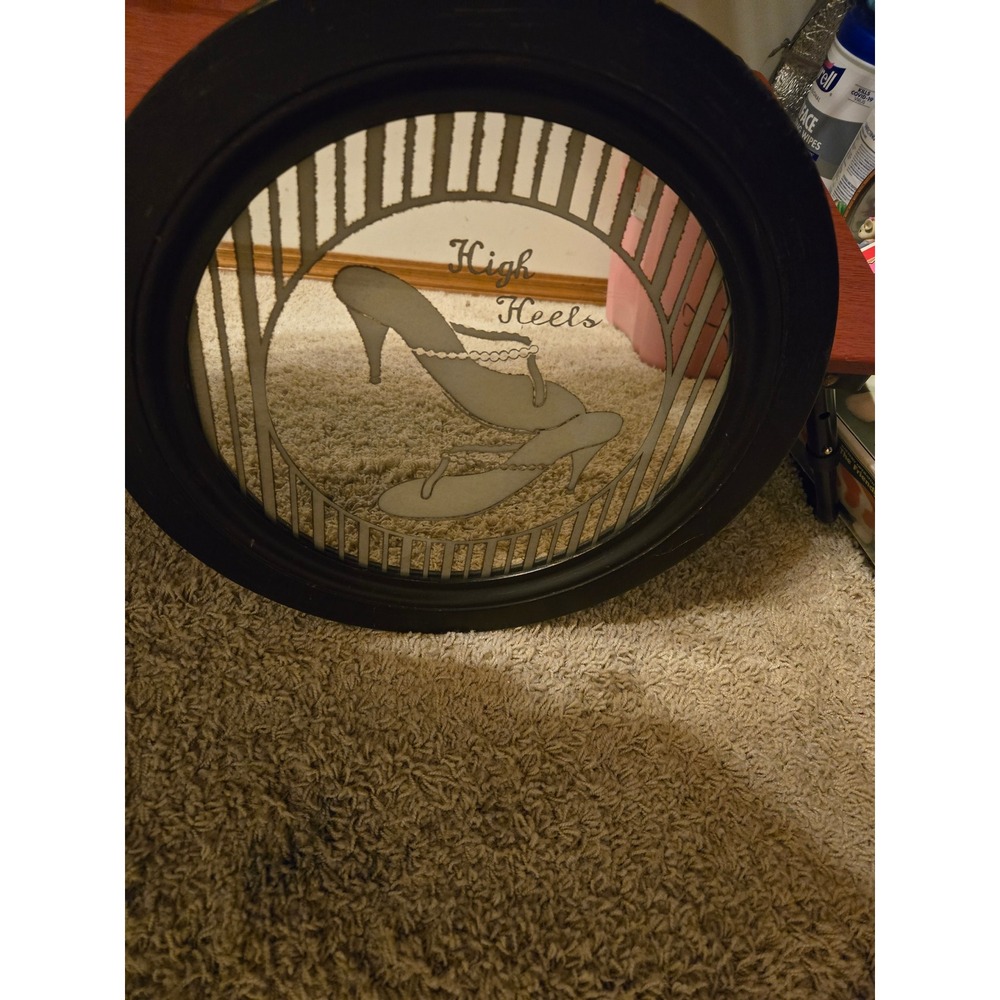 Vintage Round High Heels‎ Etched Wall Mirror Black Frame Art Deco Style Vanity